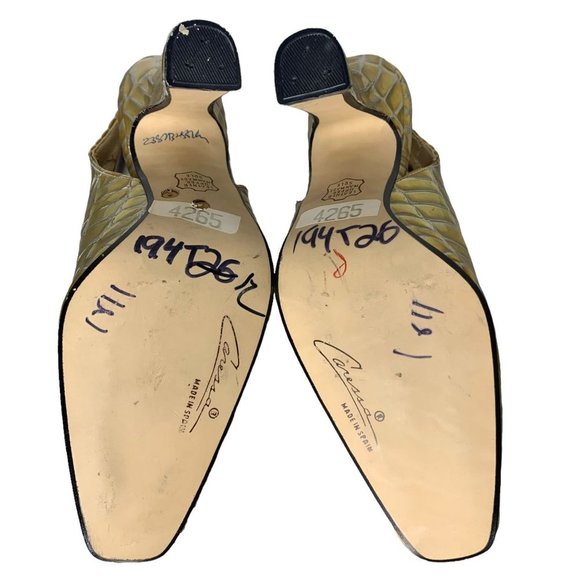 Vintage 90s Caressa Metallic Yellow Crocodile Skin Square Toe Slingback Heels 6 - Picture 4 of 11